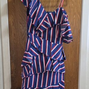 Alice + Olivia Asymmetrical Blue and Red Striped Dress